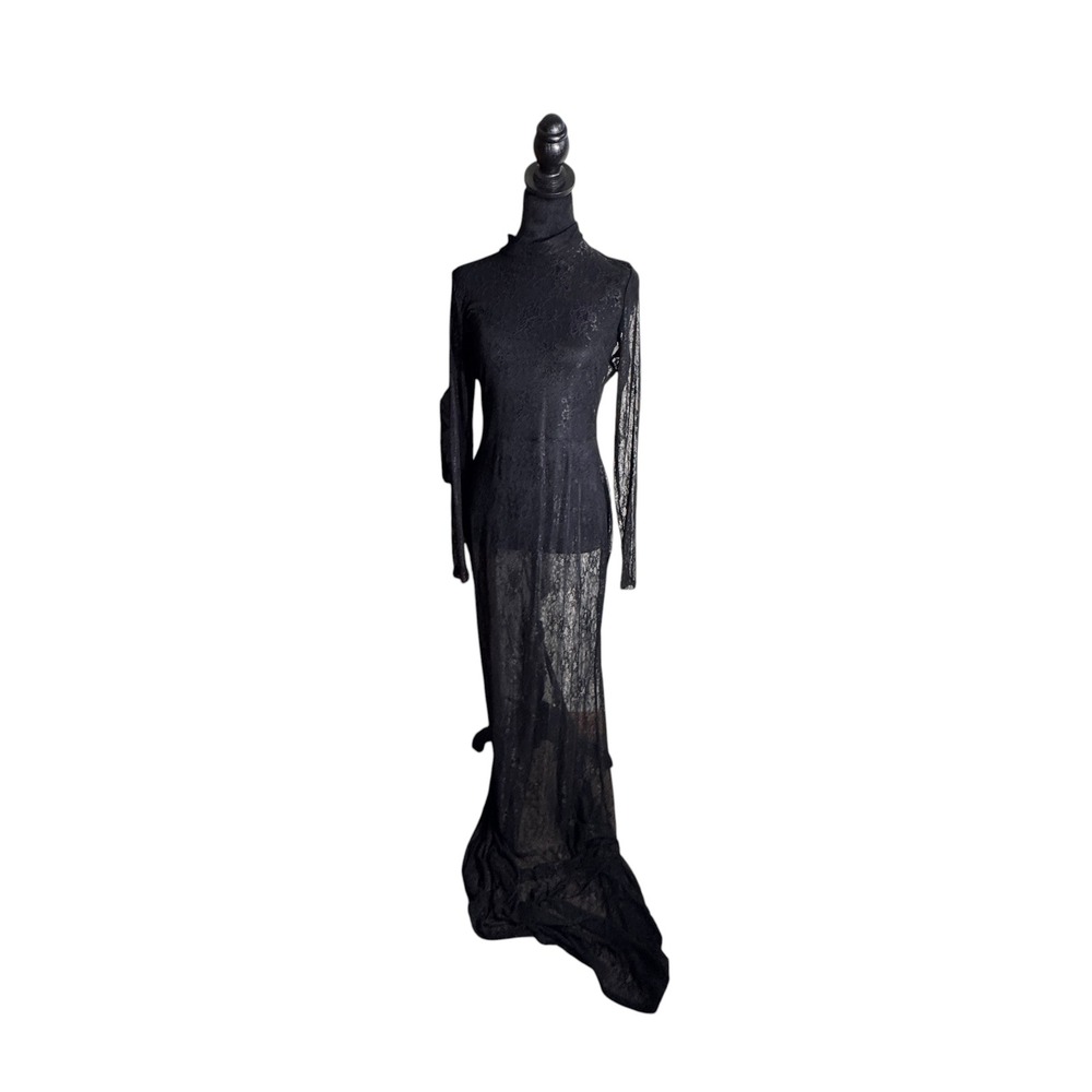 Fashion Nova Floral Sheer Lace Dress Womens L Black Long Sleeve Midi Overlay